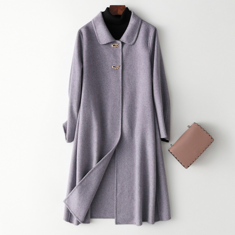 兰奥女式潮流简约长款宽松方领单排扣双面呢羊毛大衣外套 L 淡紫色