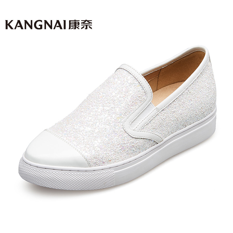 康奈女鞋 春秋新款时尚亮片拼色套脚休闲鞋女平底舒适乐福鞋1275021 白色 38码