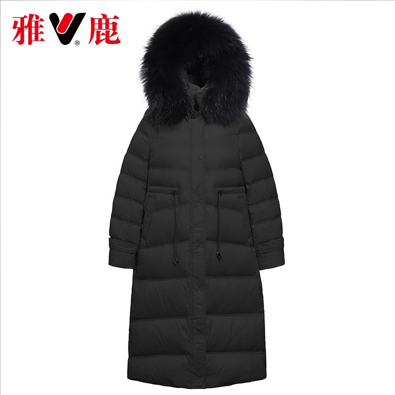 yaloo/雅鹿羽绒服女中长款连帽大毛领收腰2019冬新款韩版宽松反季_1 165/L 黑色+黑色弧形真毛领