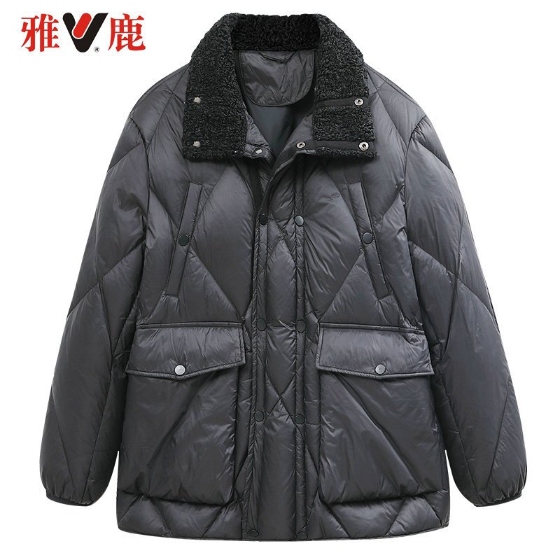 yaloo/雅鹿短款羽绒服2019冬白鸭绒轻薄宽松韩版羊羔毛羽绒外套潮_1 160/M 黑色