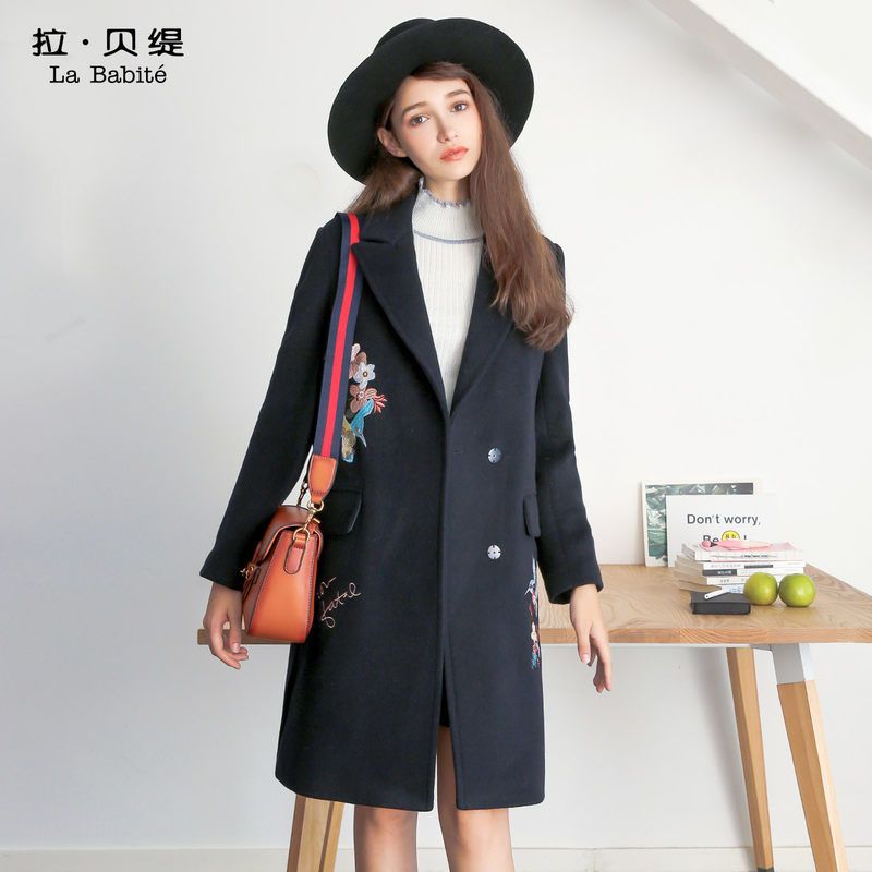 拉贝缇羊毛呢子大衣女冬新款学生森系毛呢外套中长款过膝毛呢外套60007027 藏青 M建议(105斤-115斤)