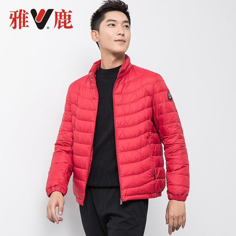 雅鹿羽绒服轻薄款2019新款修身轻型短款轻暖蓄热防寒羽绒服男潮流_1 XL 大红