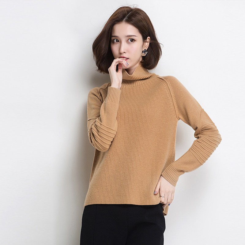 yaloo/雅鹿女装羊毛衫堆堆领毛衣修身加厚秋冬短款高领套头打底x 160/M 浅咖