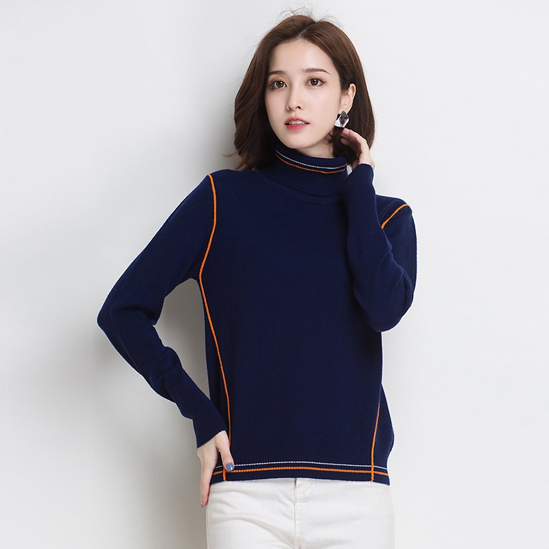 yaloo/雅鹿女装羊毛衫女高领套头针织衫新款双翻领修身打底毛衣x 170/XL 藏青
