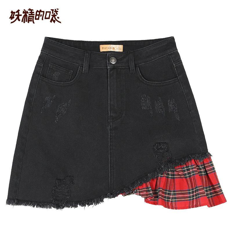 妖精的口袋黑色牛仔短裙2019夏季新款女不规则拼接韩版百搭半身裙_1 M 黑骑士色