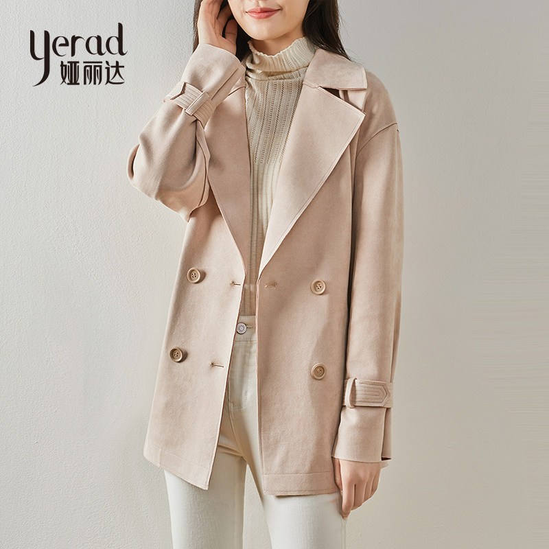 娅丽达女装风衣外套女2019秋季新款西装领纯色宽松女士韩版上衣_1 M 粉色（M0）