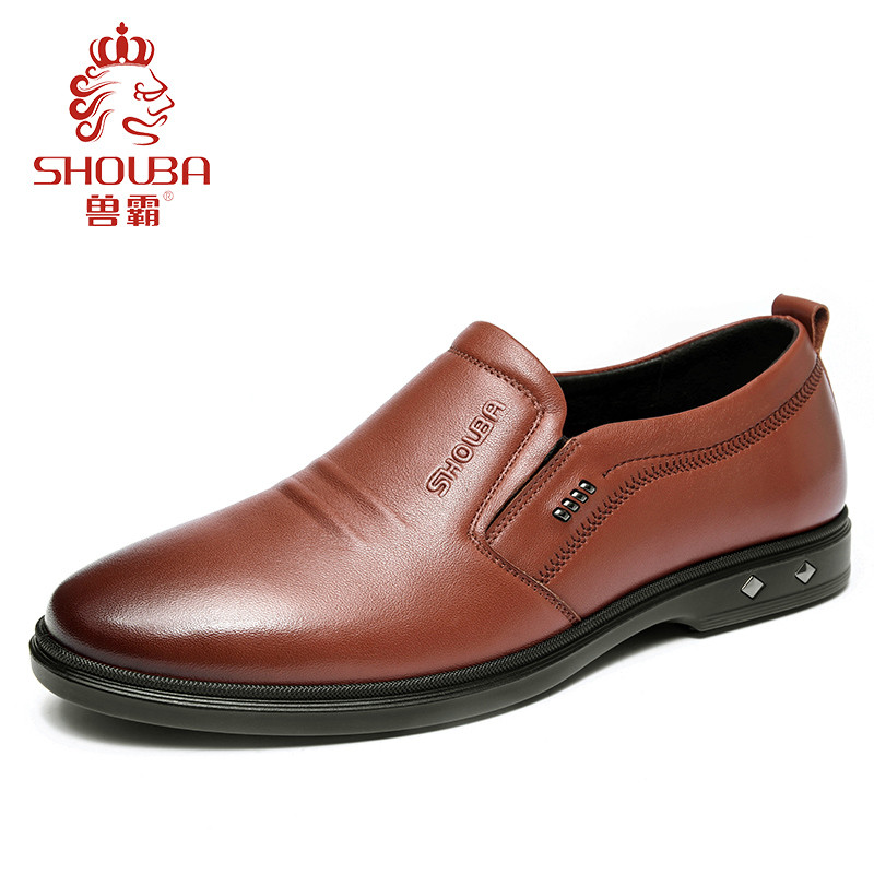 兽霸男鞋2019新款商务休闲鞋真皮圆头低帮套脚皮鞋头层牛皮一脚蹬 桔黄色 42码