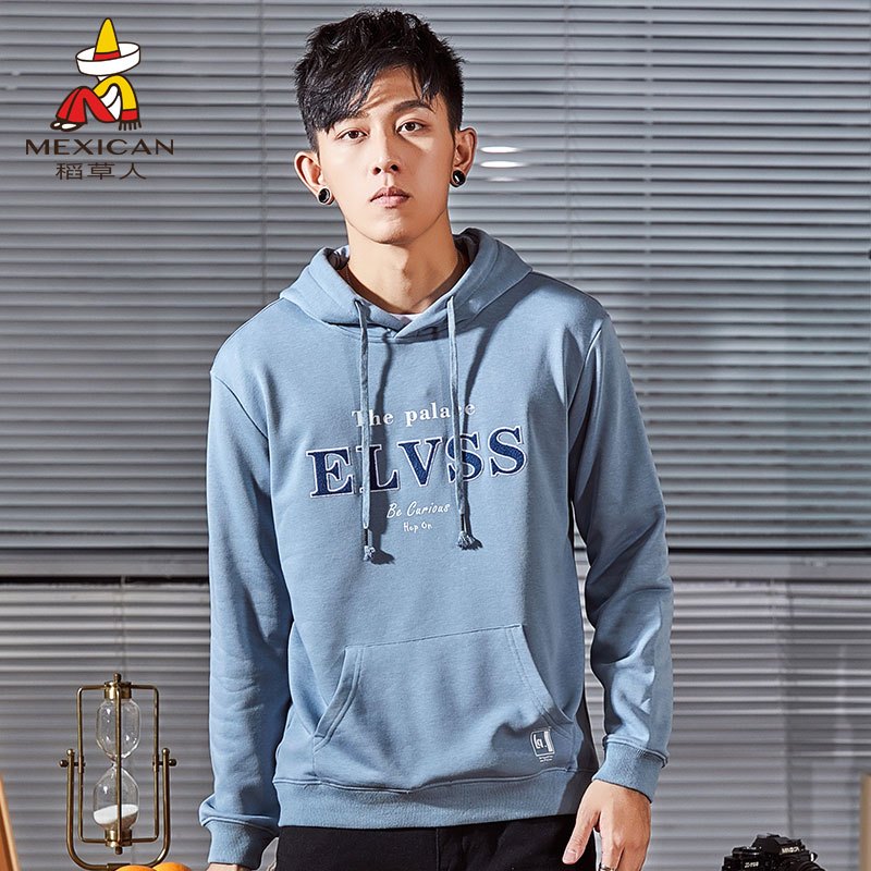 稻草人卫衣男2019秋季新品潮流套头运动衫印花连帽纯色休闲外套 3XL 浅蓝色