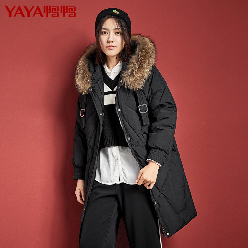鸭鸭秋季直筒连帽外套常规轻薄长袖大码拉链韩版女羽绒服B-521412 155/80A 黑色