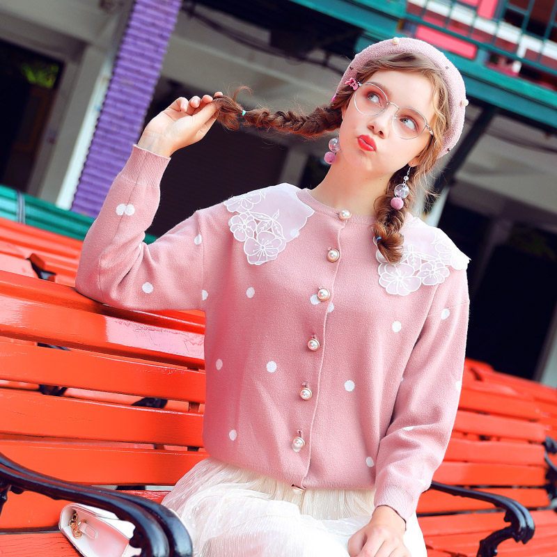很仙的毛衣慵懒风蕾丝娃娃领开衫女2019秋季新款短款针织衫上衣 S 粉色