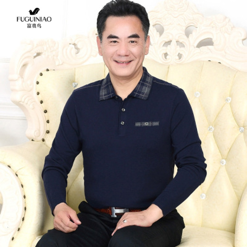 富贵鸟FUGUINIAO 长袖POLO衫男2019秋装爸爸装中年男士长袖T恤长袖Polo衫上衣服中老年人 藏青 M