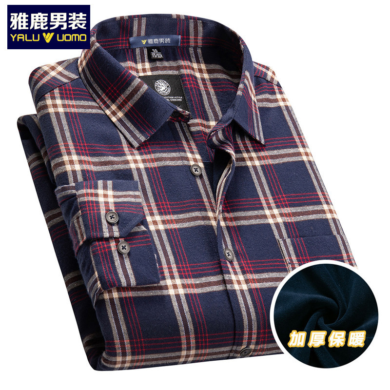 雅鹿男装秋冬新品加绒加厚休闲通勤百搭格子上衣男士衬衫11019510 R1(红色) 54(185/100A)