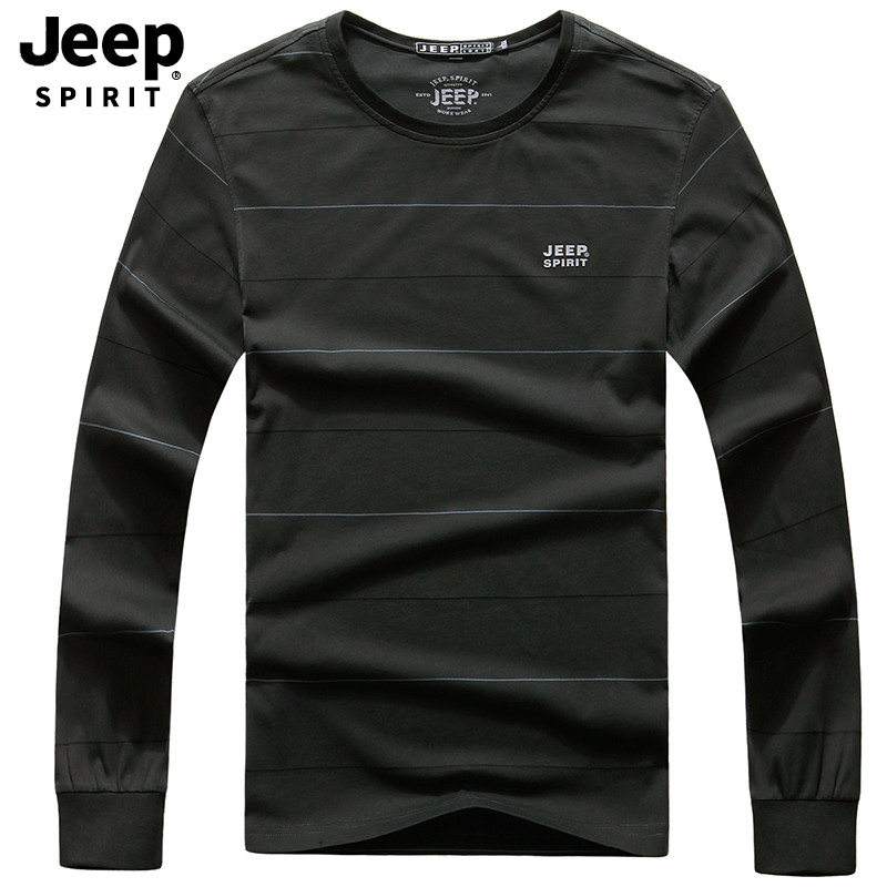 JEEP/吉普秋季男士长袖T恤衫商务休闲时尚圆领套头简约条纹百搭长袖T恤衫A245 XXL 深灰色