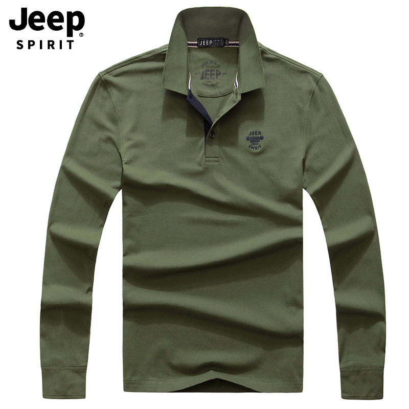 JEEP/吉普长袖t恤男2019秋季新款男士翻领纯色休闲T恤男装上衣打底衫A245 M 军绿色
