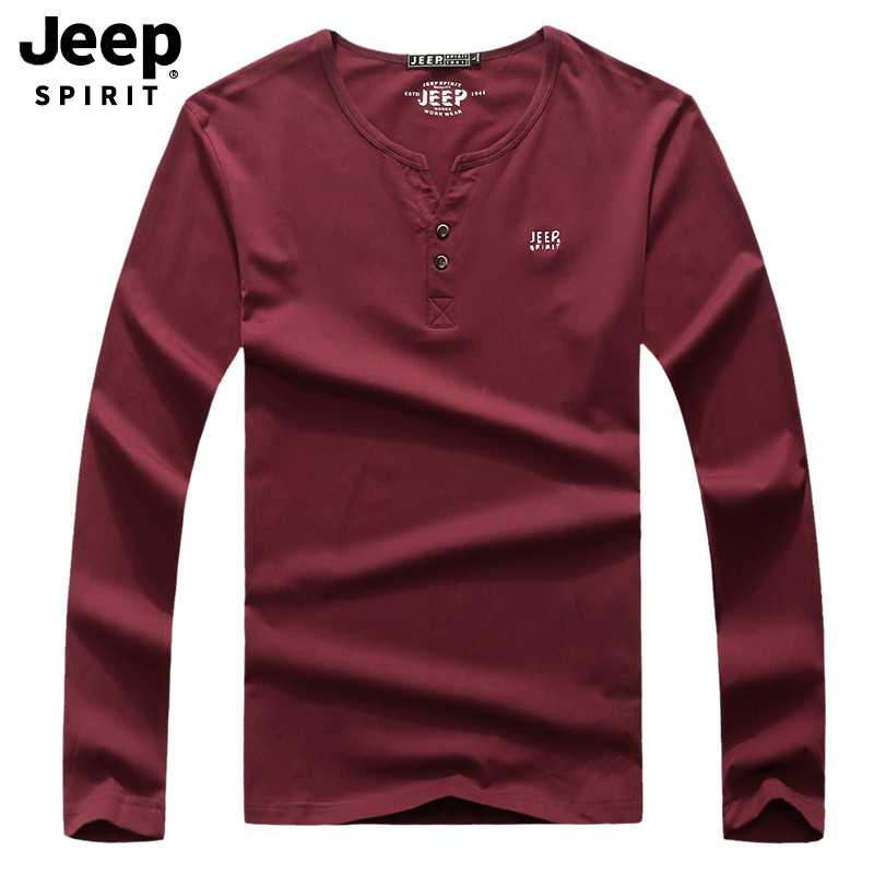 JEEP/吉普秋季长袖T恤套头休闲男装纯色青年男休闲百搭时尚长袖T恤打底衫A245 L 枣红色