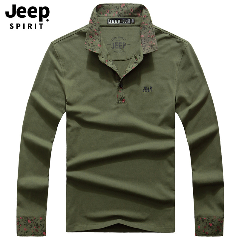 JEEP/吉普男士长袖t恤男2019新品翻领套头商务休闲男装打底polo衫A245 M 军绿色