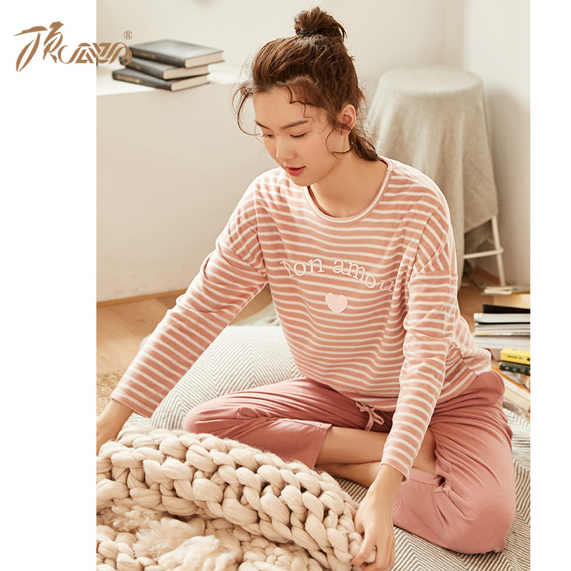顶瓜瓜睡衣女秋冬保暖家居服套装 情侣印花韩版条纹摇粒绒居家女 170cm 桃脂粉