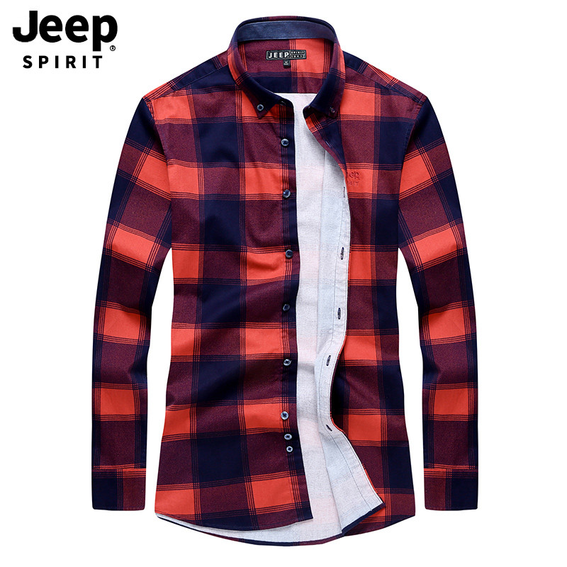 JEEP/吉普2019秋装新品简约格子立领衬衫男时尚休闲男士衬衣小外套男装A245 XXL 红色