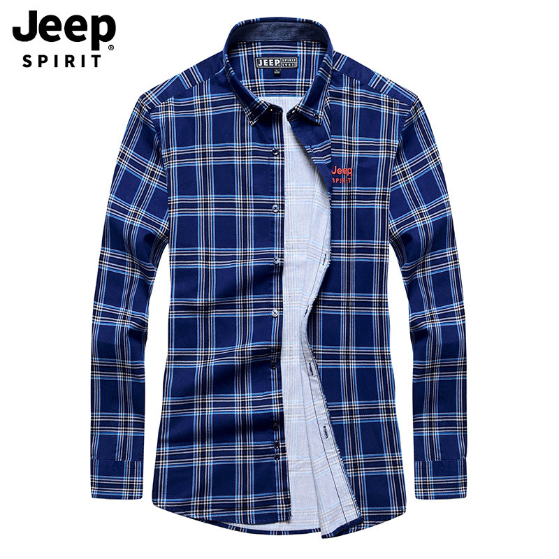 JEEP/吉普2019秋季新款格子衬衫男长袖男士宽松百搭休闲衬衣外套男装A245 L 蓝色