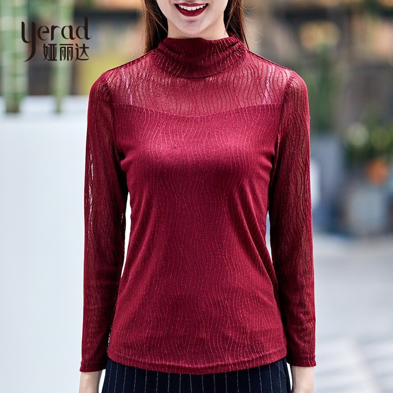 娅丽达女装2019春款黑色长袖圆领纯色上衣宽松大码休闲蕾丝衫 XL 红色F0