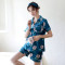 莫代尔 女士家居服套装仿真丝丝滑翻领时尚开衫家居服套装 L 蓝底玫瑰