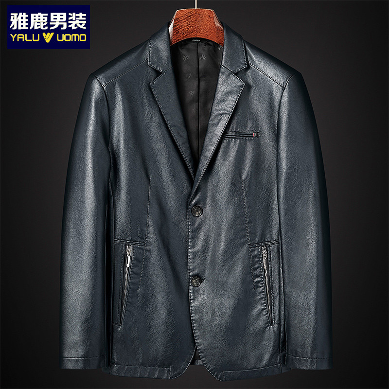雅鹿男装新品商务休闲单排扣西装领中老年男士皮衣外套11030693 B1(蓝色) 50