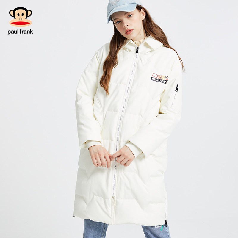 PaulFrank/大嘴猴秋冬2019羽绒服女韩版简约连帽中长款大衣X M 米白