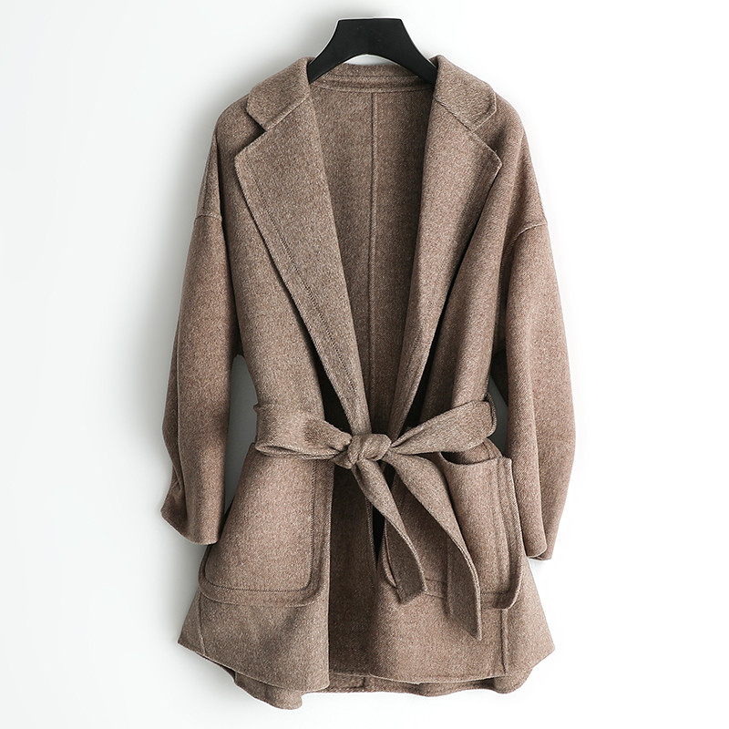 兰奥2019秋冬新款双面呢羊毛大衣女韩版休闲毛呢中长款外套 S 黑色