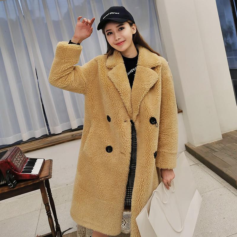 雪中飞女装2019秋冬新款韩版时尚宽松纯色翻领加厚中长款毛呢大衣外套_1 155/80A(XS) 金色