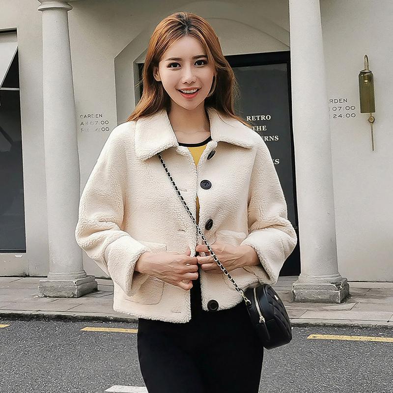 雪中飞女装2019秋冬新款韩版时尚纯色修身翻领休闲短款毛呢外套_1 175/96A(XL) 米白
