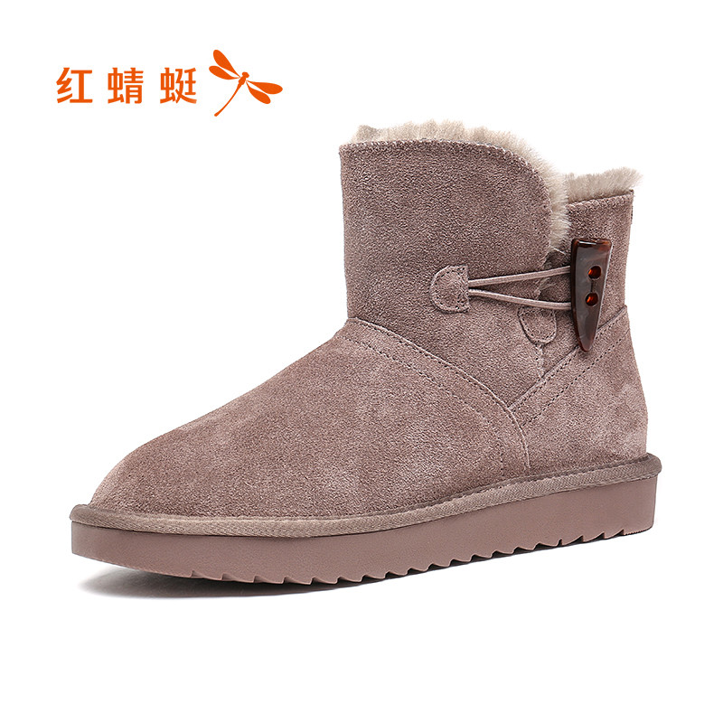 红蜻蜓女鞋2019冬新款韩版休闲雪地靴加绒加厚保暖短筒靴 棕色 35码