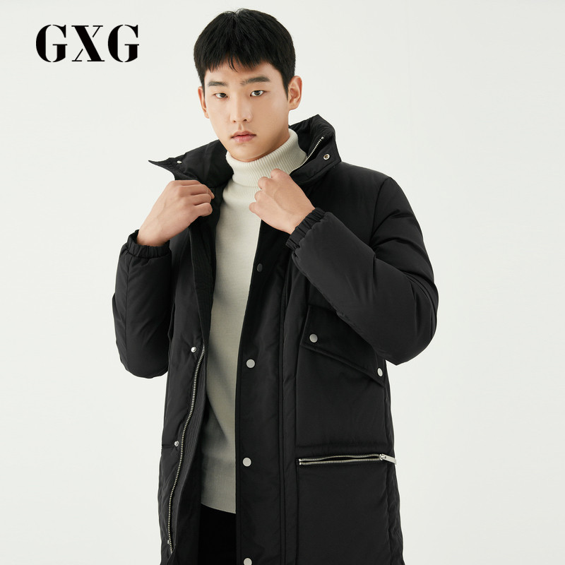 GXG男装冬季男士时尚都市青年潮流黑色连帽加厚中长款羽绒服男_1 黑色 185/XXL