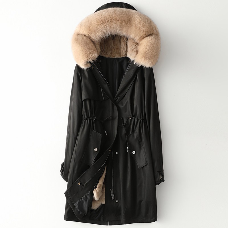 2019海宁秋季新款皮大衣女狐狸毛长款时尚派克服外套W 2XL 黑卡