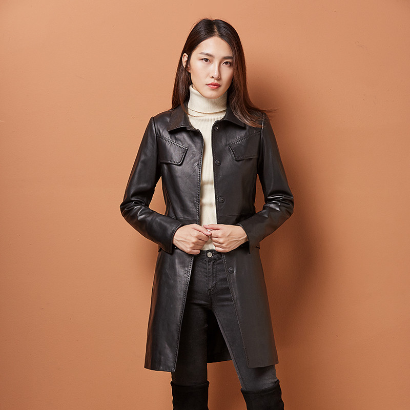 2019秋冬新款真皮皮衣女装绵羊皮长款修身显瘦风衣外套W 2XL 黑色