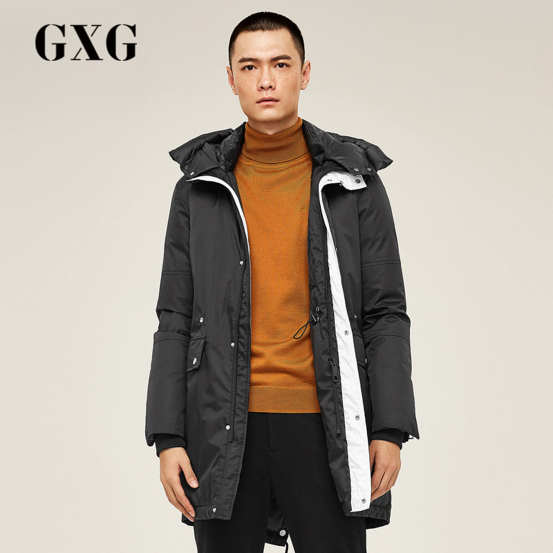 GXG男装冬季男士时尚青年潮流黑色修身中长款加厚羽绒服外套男_1 黑色 185/XXL