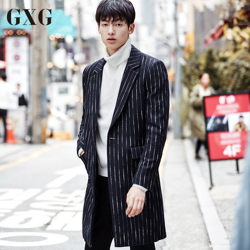 GXG男装 冬季男士时尚韩版都市修身中长款时尚厚毛呢大衣保暖外套 190/XXXL 藏青底白条
