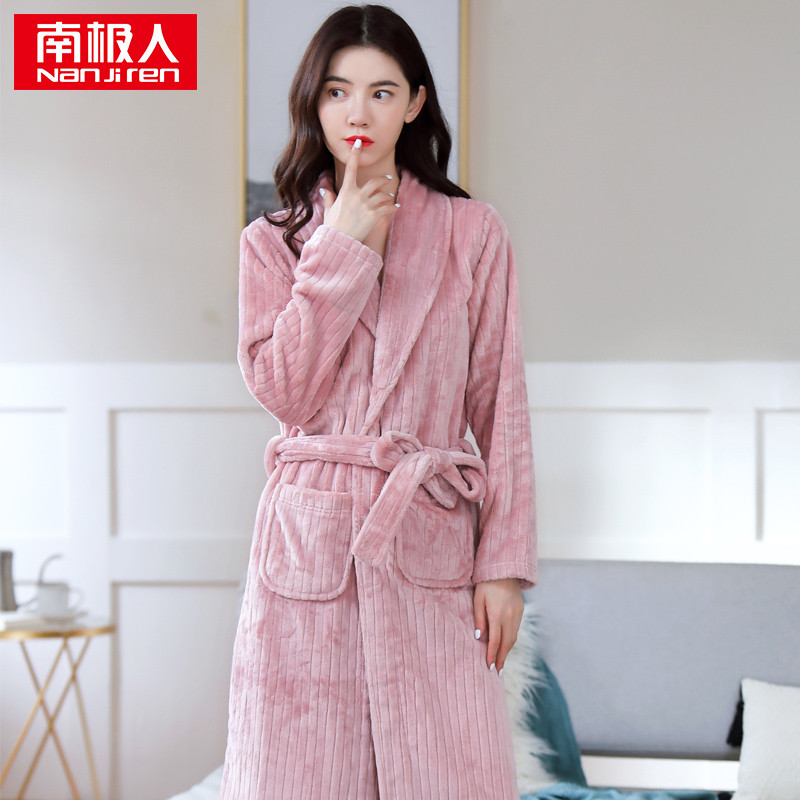 南极人女士冬季法兰绒睡袍 浅粉抽条女袍 L
