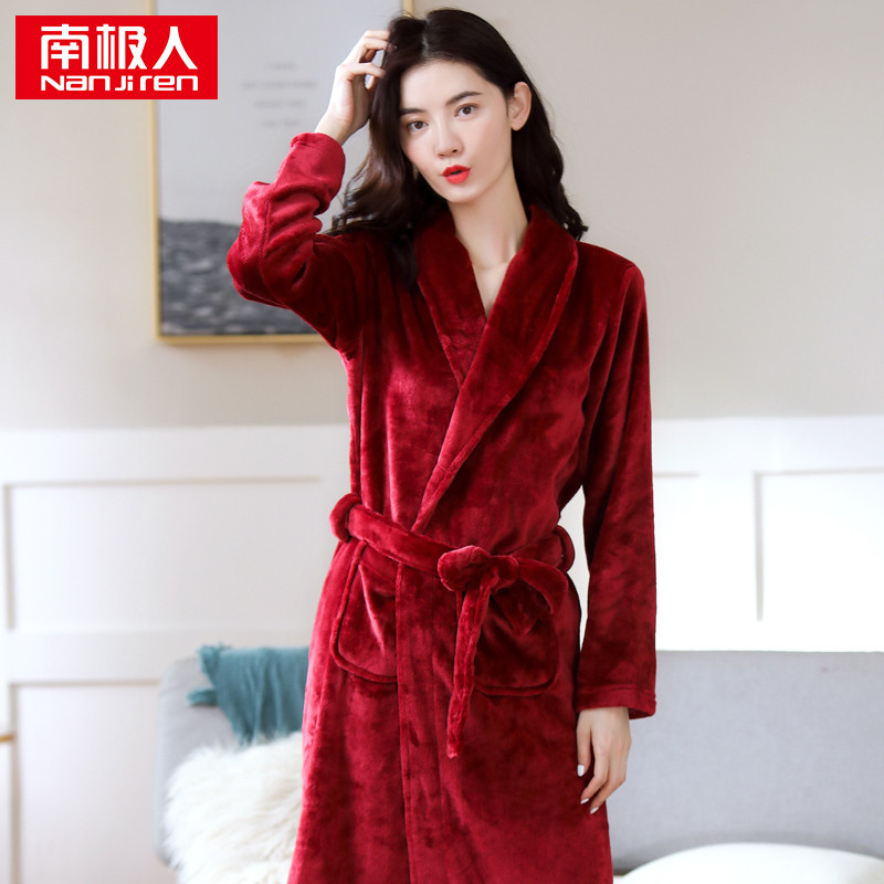 南极人女士冬季法兰绒睡袍 酒红女浴袍 M