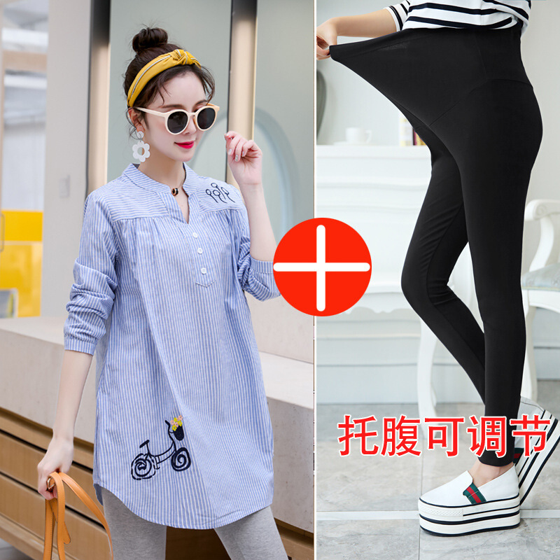 迪鲁奥（DILUAO)儿童乐园孕妇衬衫秋装中长款时尚款套装秋季上衣宽松职业短袖装衬衣潮 蓝上衣+黑色裤(长袖长裤) L