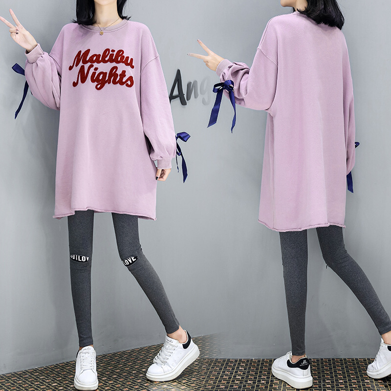 迪鲁奥（DILUAO)儿童乐园孕妇秋装套装时尚款2019新款两件套秋季中长上衣宽松长袖T恤 8846紫色-单上衣 M