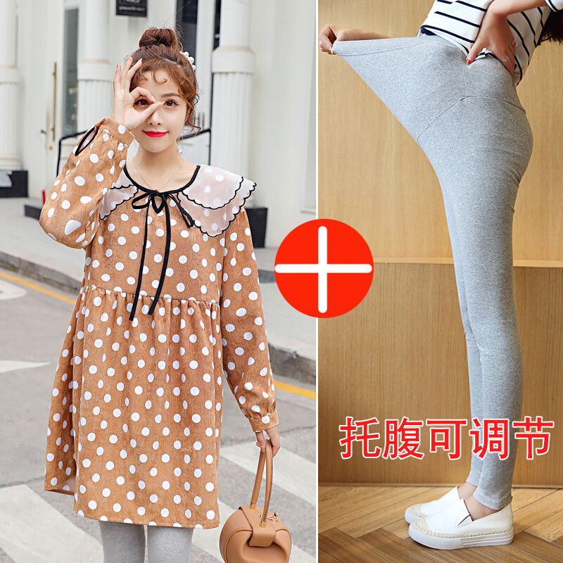 迪鲁奥（DILUAO)孕妇装秋装孕妇裙子哺乳连衣裙中长款外出哺乳衣长袖怀孕妇装上衣_678 卡其色裙子+浅灰裤子 XL