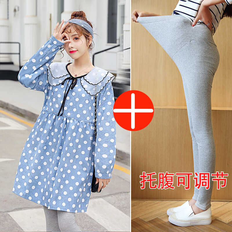 迪鲁奥（DILUAO)孕妇装秋装孕妇裙子哺乳连衣裙中长款外出哺乳衣长袖怀孕妇装上衣_678 蓝色裙子+浅灰裤子 XXL