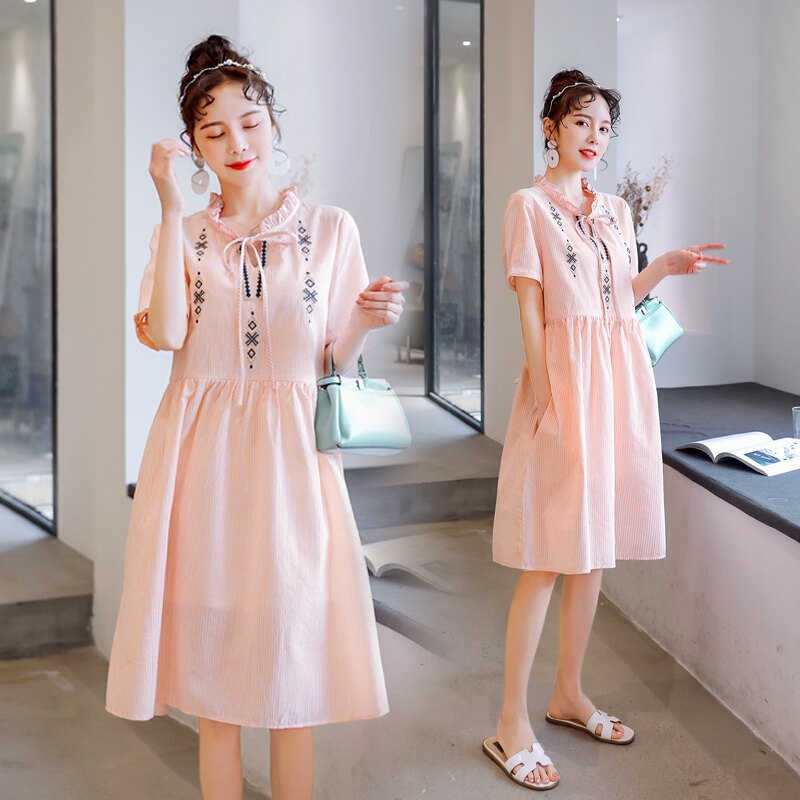 迪鲁奥（DILUAO)新款孕妇连衣裙2019夏韩版短袖孕妇裙中长款孕妇连衣裙夏季裙子_953 橘色--裙子 M