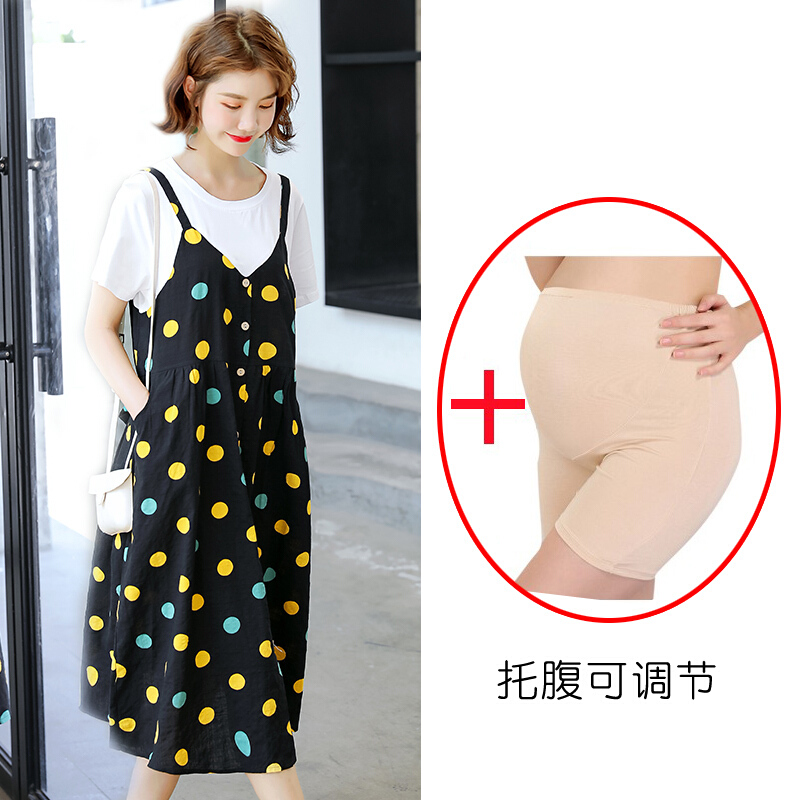 迪鲁奥（DILUAO)孕妇装夏装连衣裙套装中长款过膝宽松夏天裙子2019新款时尚加大码孕妇裙_888_79 深蓝裙+肤色安全裤 XL【一般建议120-140斤】