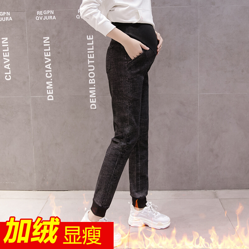 迪鲁奥（DILUAO)孕妇裤子秋冬外穿束脚长裤托腹孕妇牛仔裤冬季时尚运动裤加绒长裤_862 黑色净色加绒款 XXL