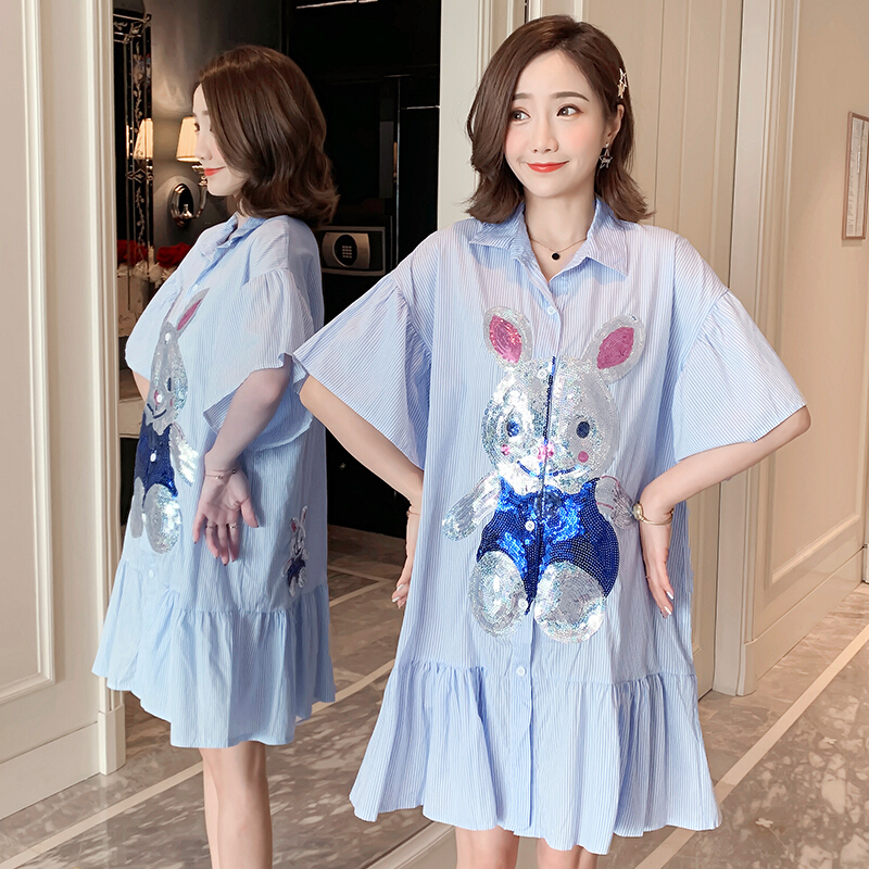 迪鲁奥（DILUAO)孕妇连衣裙夏装新款亮片兔子短袖衬衫韩版中长款外出哺乳孕妇裙夏_584 蓝色 L