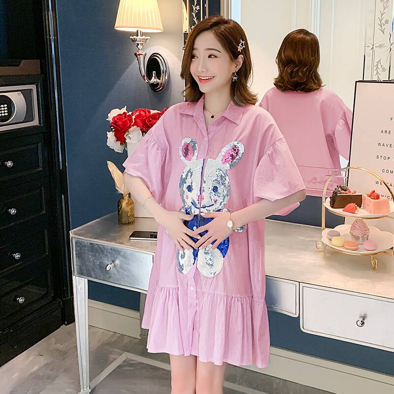 迪鲁奥（DILUAO)孕妇连衣裙夏装新款亮片兔子短袖衬衫韩版中长款外出哺乳孕妇裙夏_584 粉色 XXXL