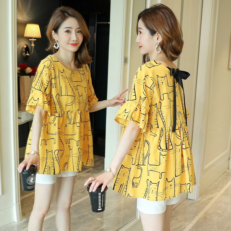 迪鲁奥（DILUAO)孕妇夏季时尚套装2019夏天薄款两件套孕妇喇叭袖娃娃衫+托腹短裤_848 白色上衣 L