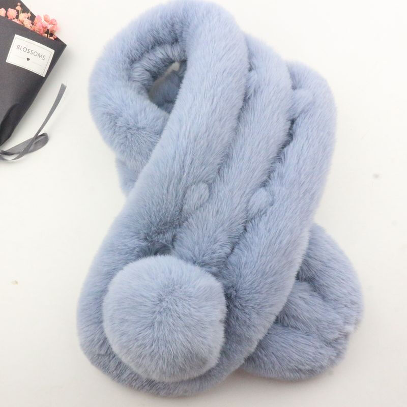 迪鲁奥（DILUAO)獭兔毛围巾女冬季韩版百搭加厚保暖儿童脖套懒濑兔毛球仿皮围脖 雾霾蓝色 默认尺寸