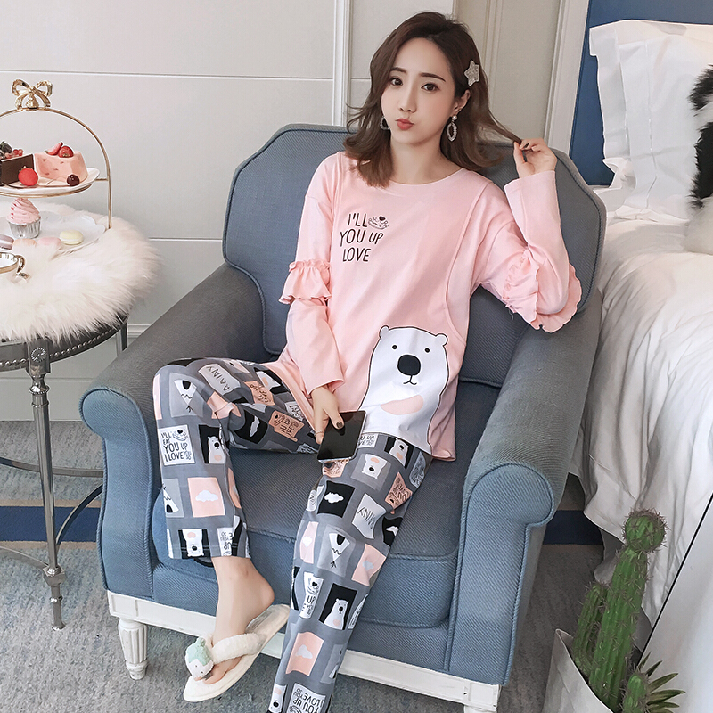 迪鲁奥（DILUAO)月子服春秋季纯棉产后孕妇睡衣女秋冬天怀孕期产妇喂奶哺乳衣套装 方格熊 承诺：7天无理由退换